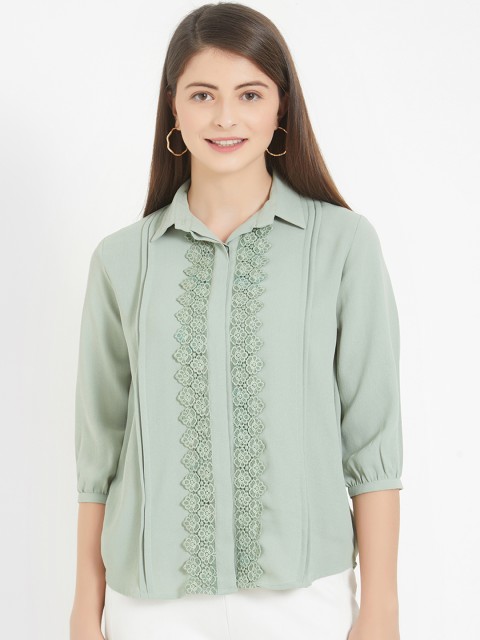 

Soie Women Green Self Design Shirt Style Top