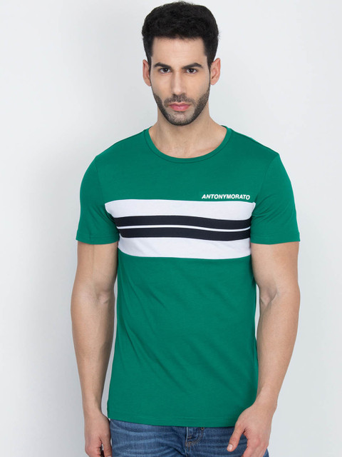 

Antony Morato Men Green Striped Round Neck T-shirt