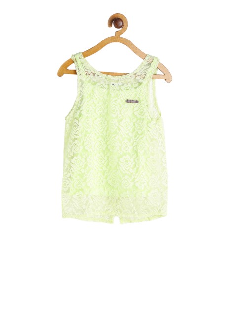

612 league Girls Green Self Design Styled Back Pure Cotton Top