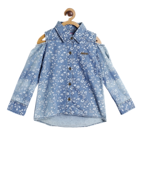 

612 league Girls Blue Regular Fit Floral Printed Casual Shirt