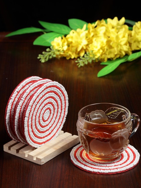

Alina Decor Set of 4 Beads Work Coasters With Wooden Stand, Off white