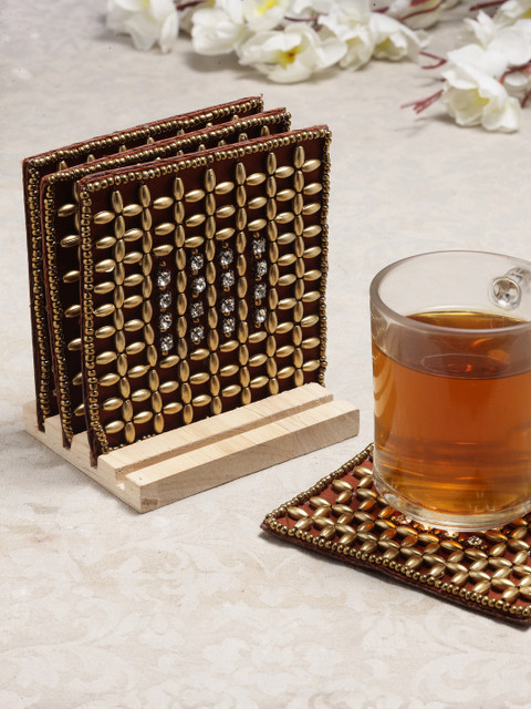 

Alina Decor Set of 4 Beads Work Coasters With Wooden Stand, Brown