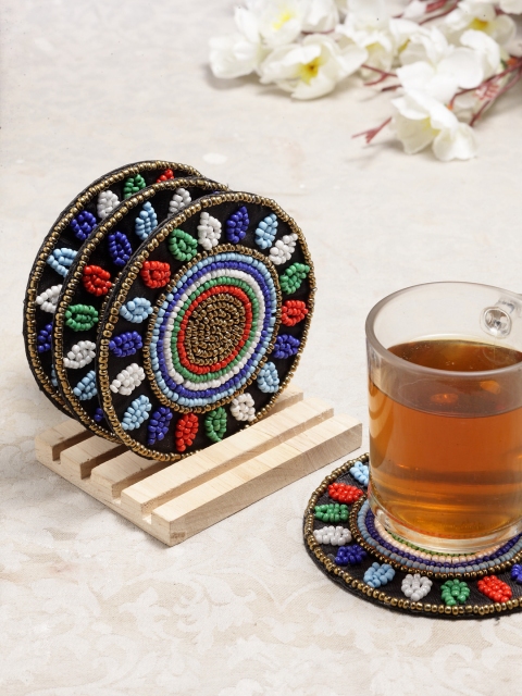 

Alina Decor Set of 4 Beads Work Coasters With Wooden Stand, Multi
