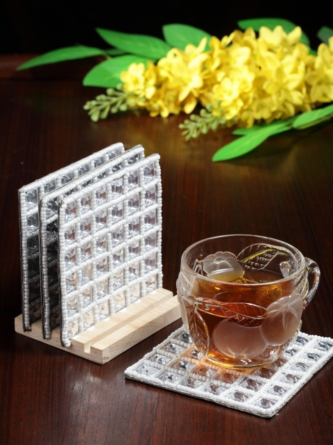 

Alina Decor Set of 4 Beads Work Coasters With Wooden Stand, White