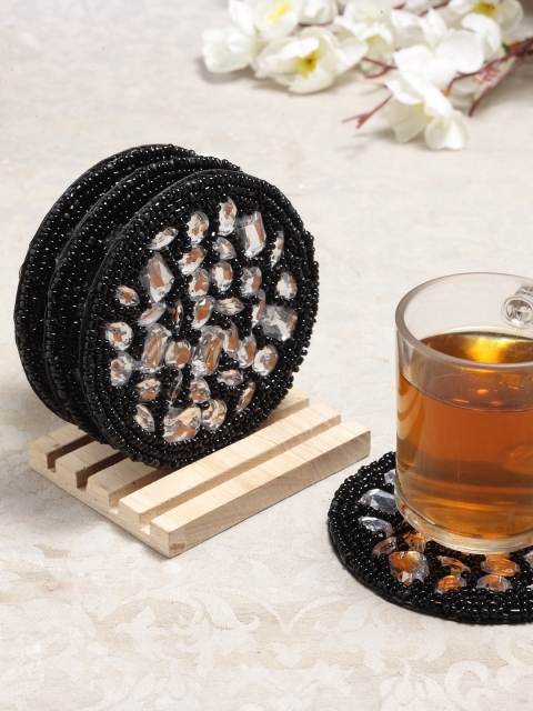 

Alina Decor Set of 4 Beads Work Coasters With Wooden Stand, Black