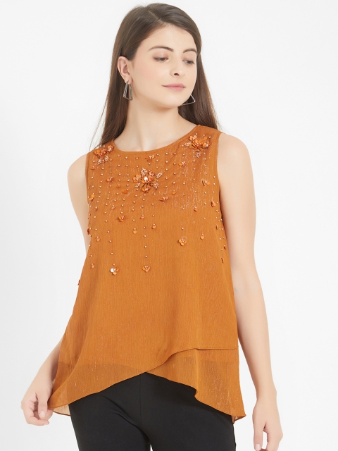 Soie Women Rust Brown Embellished Tiered Top