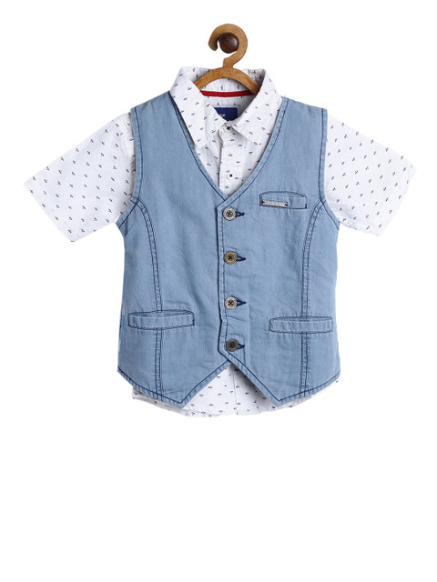 

612 league Boys White & Blue Regular Fit Printed Casual Shirt with Denim Waistcoat