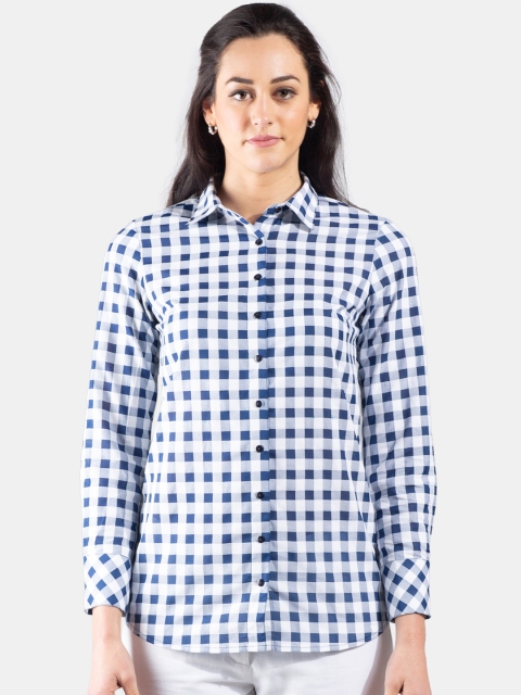 

FableStreet Women Blue & White Slim Fit Checked Formal Shirt