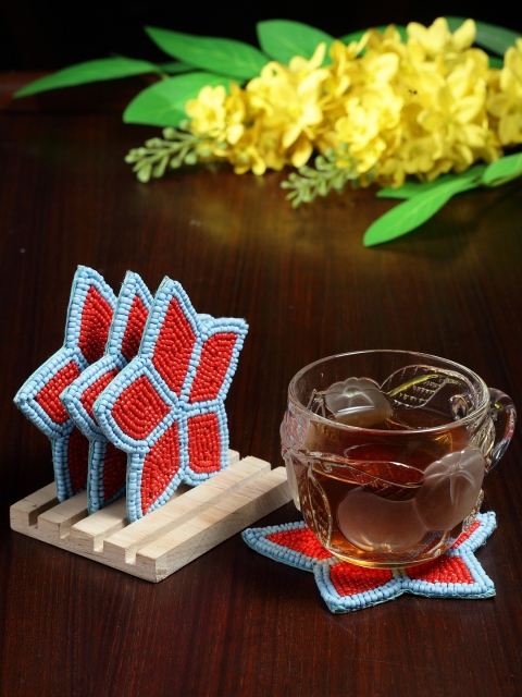 

Alina Decor Set of 4 Beads Work Coasters With Wooden Stand, Red