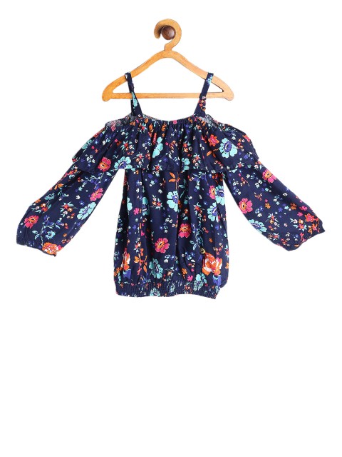 

612 league Girls Navy Blue Printed Blouson Top