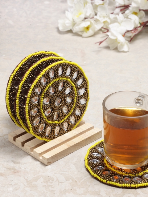 

Alina Decor Set of 4 Beads Work Coasters With Wooden Stand, Copper