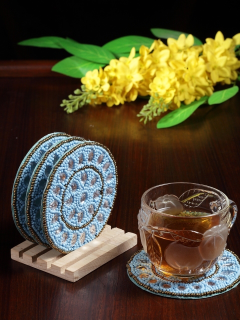 

Alina Decor Set of 4 Beads Work Coasters With Wooden Stand, Blue