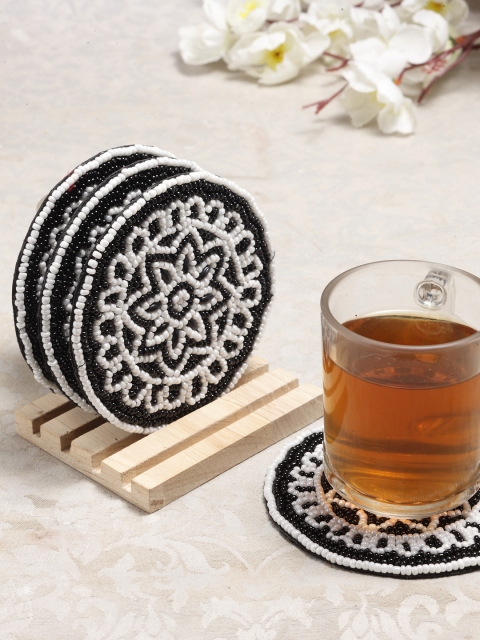 

Alina Decor Set of 4 Beads Work Coasters With Wooden Stand, Black