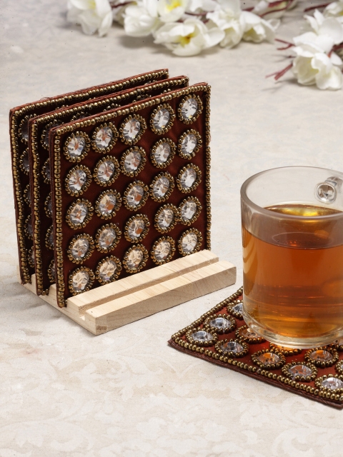 

Alina Decor Set of 4 Beads Work Coasters With Wooden Stand, Brown