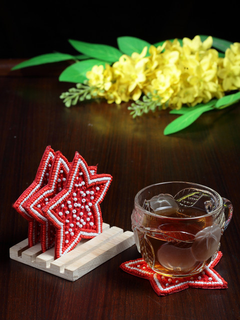

Alina Decor Set of 4 Beads Work Coasters With Wooden Stand, Red