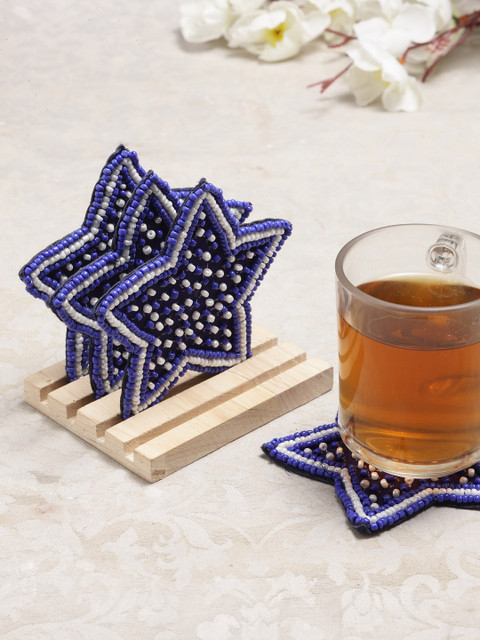 

Alina Decor Set of 4 Beads Work Coasters With Wooden Stand, Blue