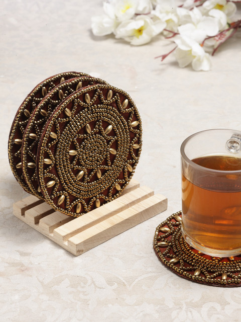 

Alina Decor Set of 4 Beads Work Coasters With Wooden Stand, Brown