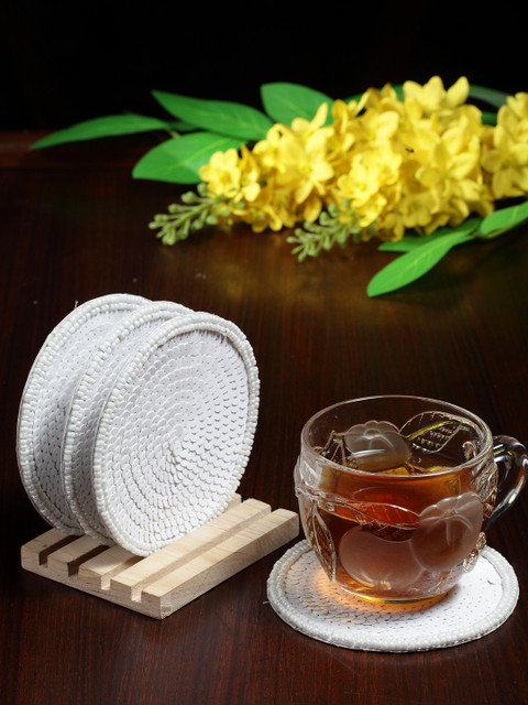 

Alina Decor Set of 4 Beads Work Coasters With Wooden Stand, Off white