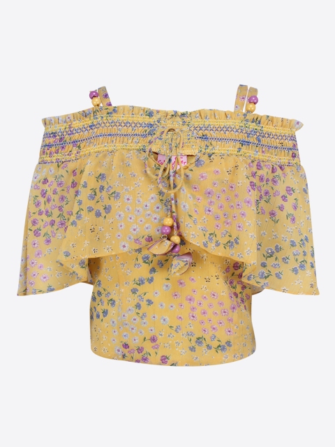 

CUTECUMBER Girls Navy Blue & Yellow Printed Top