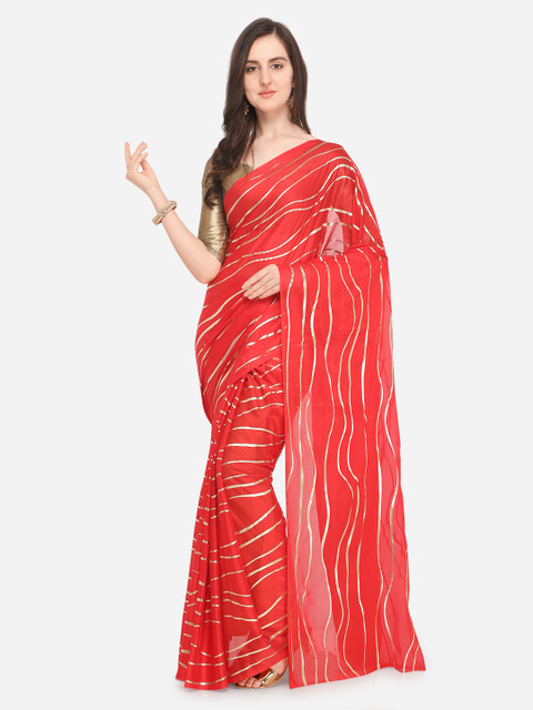 

Ishin Red Printed Poly Georgette Saree