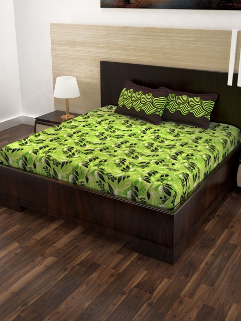 Story@home Green & Grey Floral 160 TC Cotton 1 King Bedsheet with 2 Pillow Covers