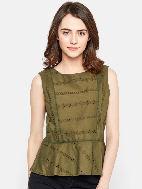 

VividArtsy Women Olive Green Self Design Peplum Top