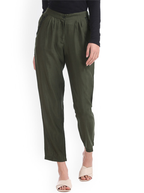 

Bronz Women Olive Green Regular Fit Solid Cigarette Trousers