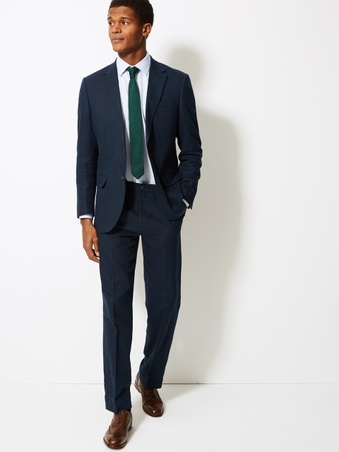 Marks & Spencer Men Navy Blue Regular Fit Solid Formal Trousers