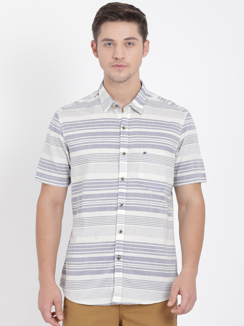 

t-base Men White & Blue Regular Fit Striped Casual Shirt