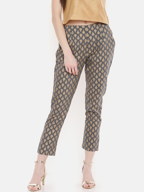 

De Moza Women Golden-Coloured & Grey Straight Fit Printed Cigarette Trousers, Gold
