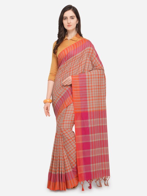 

Ishin Beige & Orange Poly Silk Checked Saree