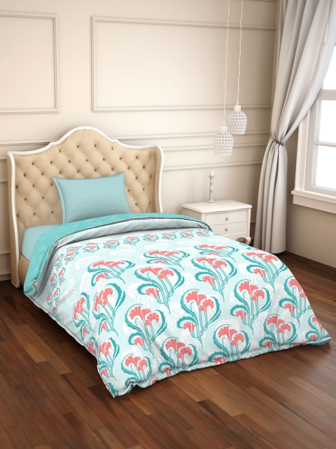 SPACES Turquoise Blue & Coral Floral AC Room 150 GSM Single Bed Comforter