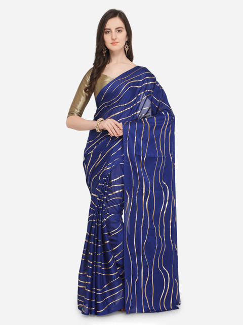 

Ishin Navy Blue Printed Poly Georgette Saree