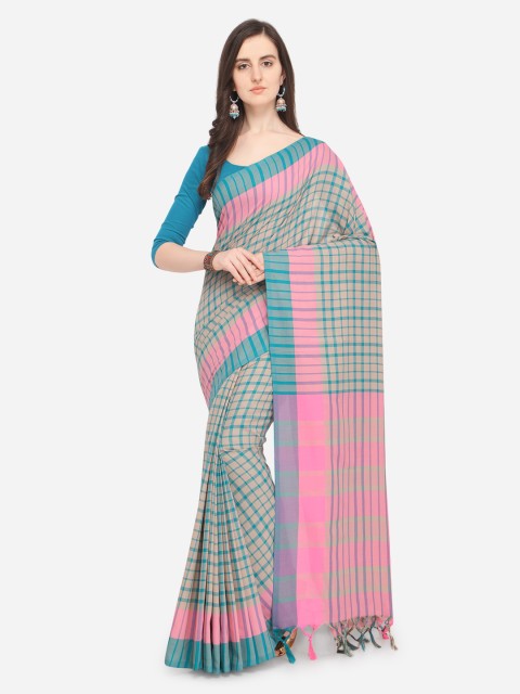 

Ishin Beige & Pink Poly Silk Checked Saree