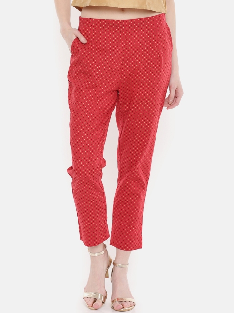 

De Moza Women Red Straight Fit Printed Cigarette Trousers