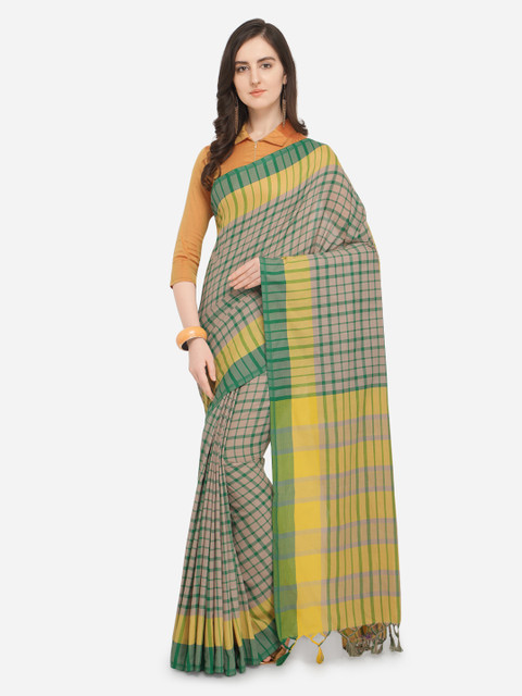 

Ishin Beige & Yellow Poly Silk Checked Saree