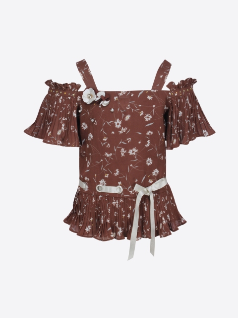 

CUTECUMBER Girls Brown Printed Cinched Waist Top