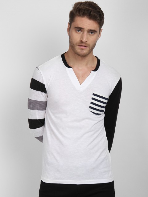 

LA LOFT Men White Striped V-Neck T-shirt
