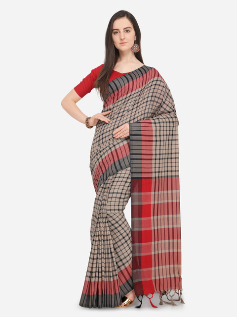 

Ishin Beige & Red Poly Silk Checked Saree