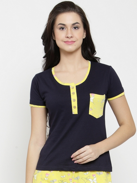 

Slumber Jill Women Navy Blue & Yellow Solid Night suit