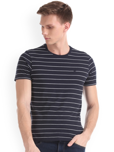 Nautica Men Navy Blue Striped Round Neck T-shirt