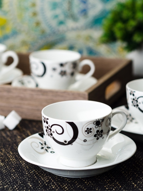 

SONAKI White 12-Pieces Printed Bone China Cups and Saucers Set