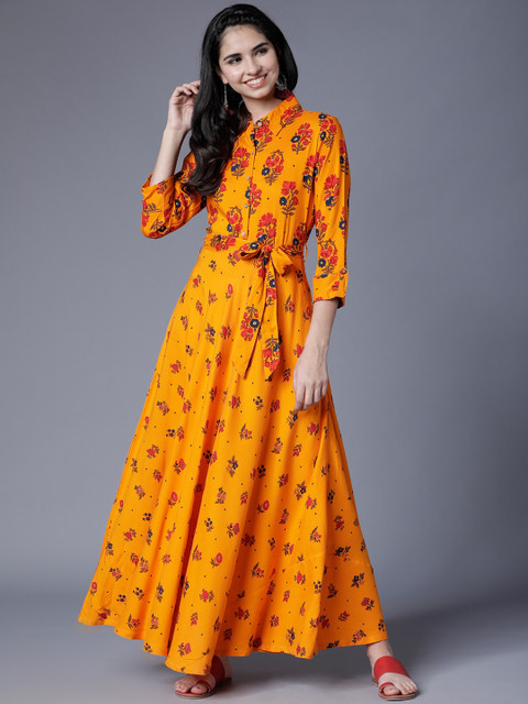 

Vishudh Women Mustard Printed Maxi Dress