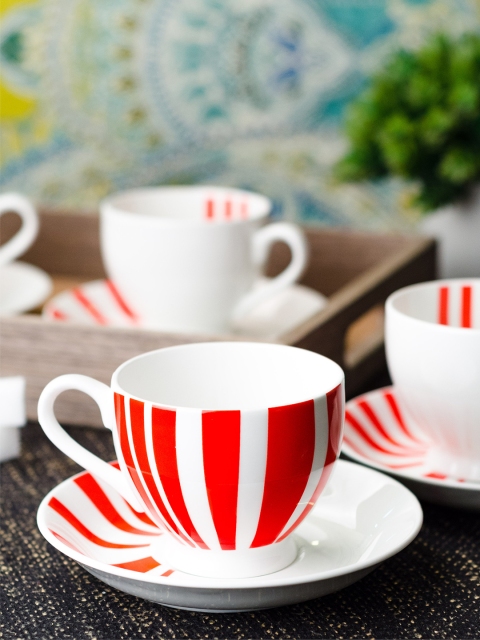 

SONAKI White & Red 12-Pieces Printed Bone China Cups and Saucers Set