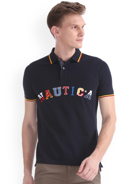 

Nautica Men Blue Self Design Polo Collar T-shirt
