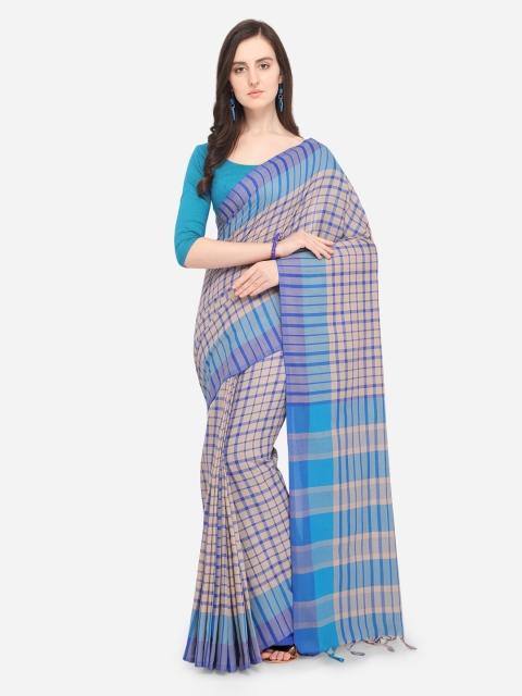 

Ishin Beige & Blue Poly Silk Checked Saree