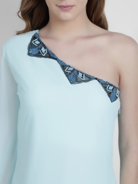 

LA LOFT Women Sea Green Embellished One-Shoulder Top