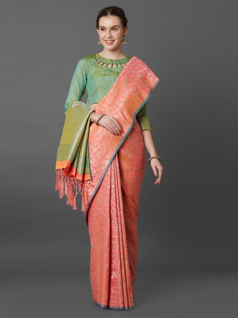 

Mitera Peach-Coloured & Green Silk Blend Woven Design Banarasi Saree