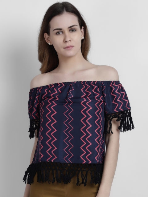 

LA LOFT Women Navy Blue Printed Bardot Top