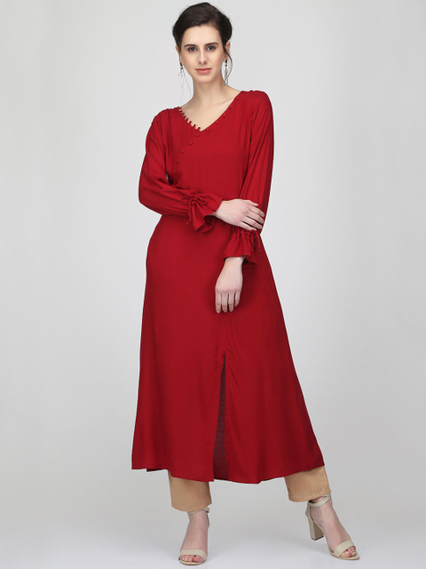 

Ojjasvi Women Maroon Solid A-Line Kurta